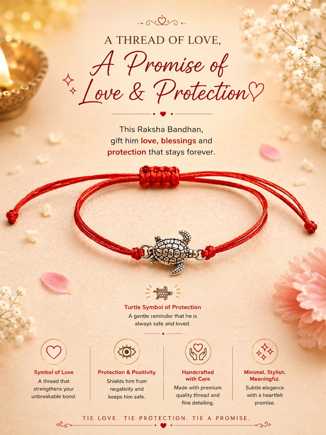 El Regalo Minimalist Lucky Turtle Adjustable Bracelet Rakhi for Brother- Red