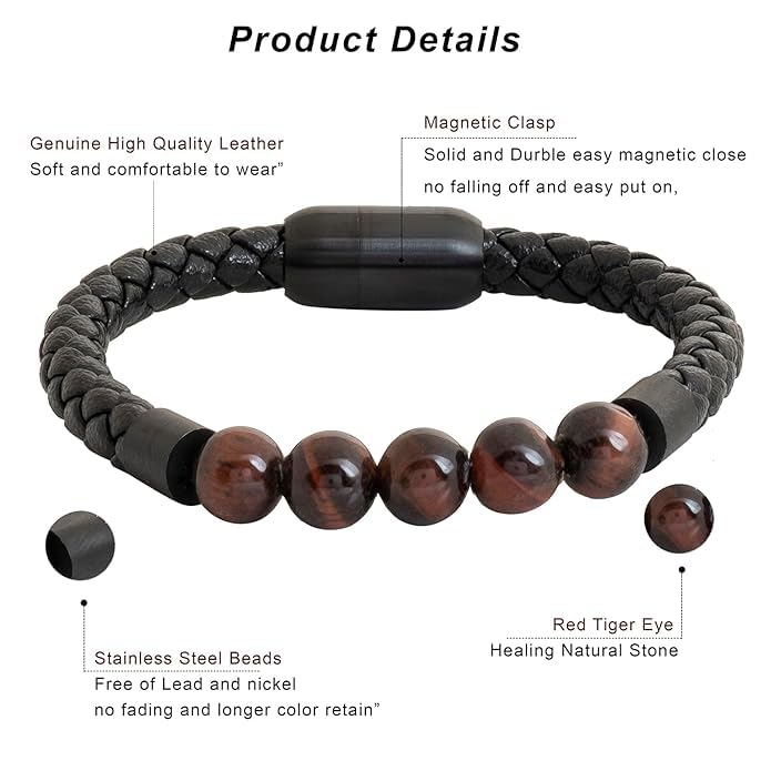 El Regalo 1PC Natural Stone Magnet Buckle Bracelet for Men/Boys, Trendy, Simple, Exclusive Men's Vintage Pu Leather Bracelet (Red Tiger Eye)