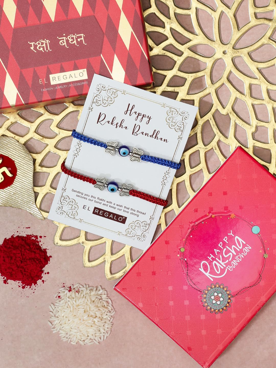 El Regalo 2PCs Cute Evil Eye Bracelet Rakhi Combo for Brothers/Bhai-Bhabhi- Fancy Evil Eye Rakhi with Roli Chawal in Rakshabandhan Gift Box (Red & Blue Butterfly Evil Eye)