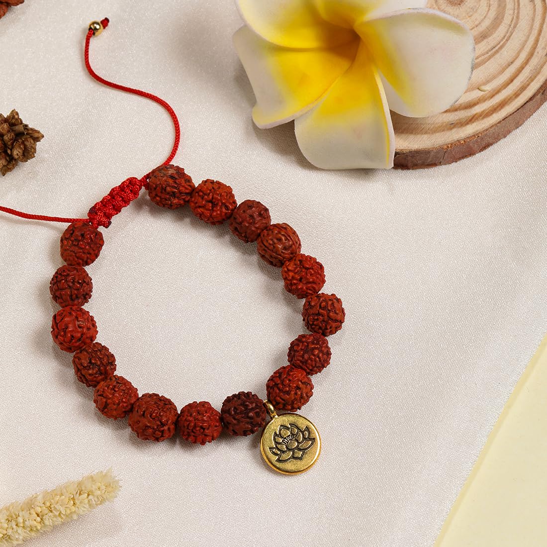 El Regalo Unisex 1 PC Natural Rudraksha Beads Adjustable Bracelet: Handmade Lord Shiva Rudraksha Beads Bracelet with Spritual OM/Aum, Budhdha, Lotus Charms (Golden Lotus Rudraksha Bracelet)