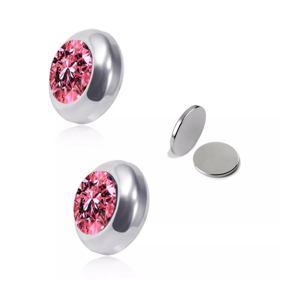 El Regalo 2 Pairs Non-Pierced CZ Magnetic Clip-On Unisex Earrings for Men/Women/Girls/Boys - Colorful CZ Fake Crystal Ear Stud Earrings (Pink & White)