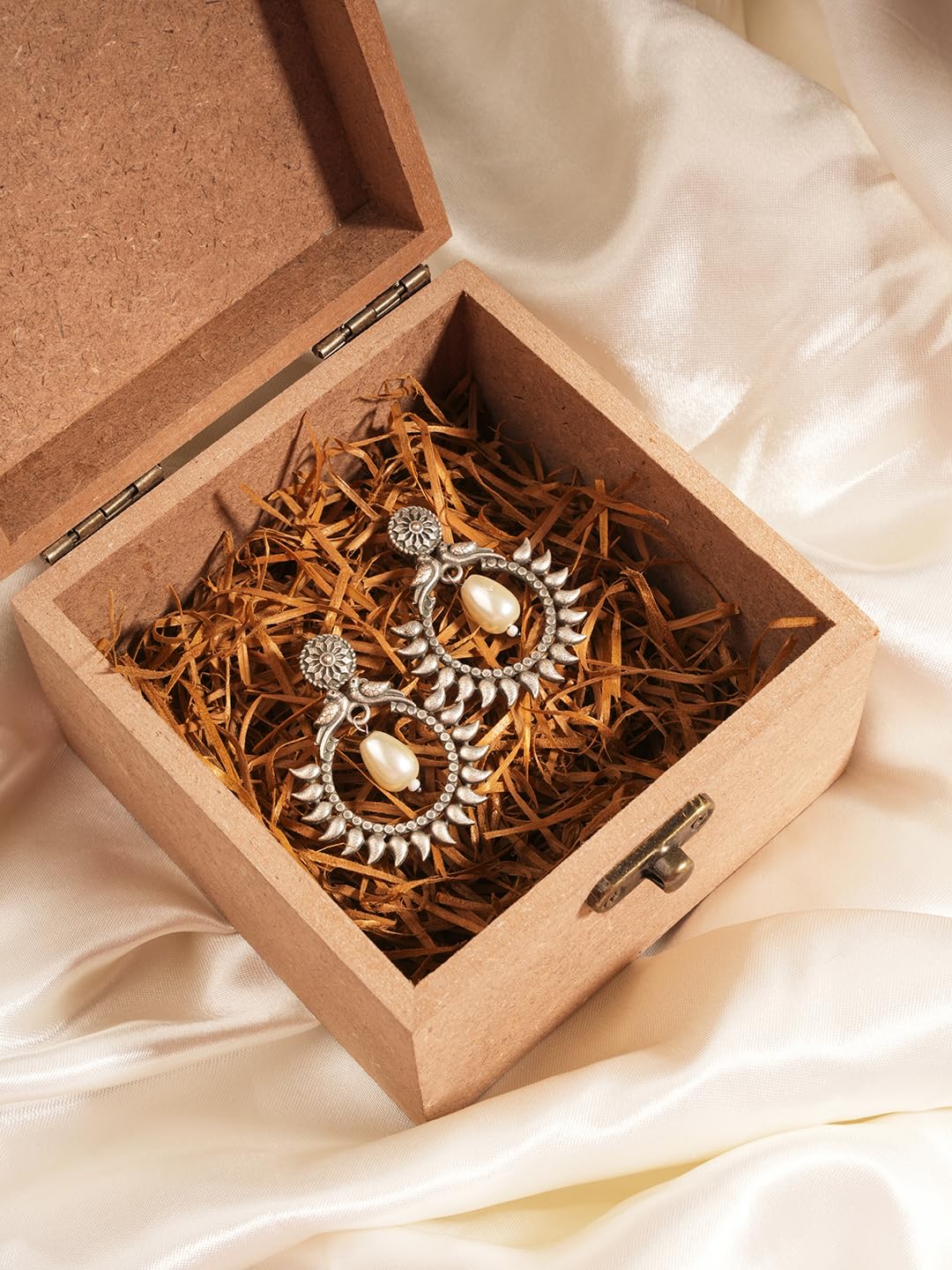 El Regalo Women's & Girl's Traditional Pearl Drop Oxidized Brass Stud Earrings in Antique Silver Finish- Versatile Earrings for Western & Traditional Outfits