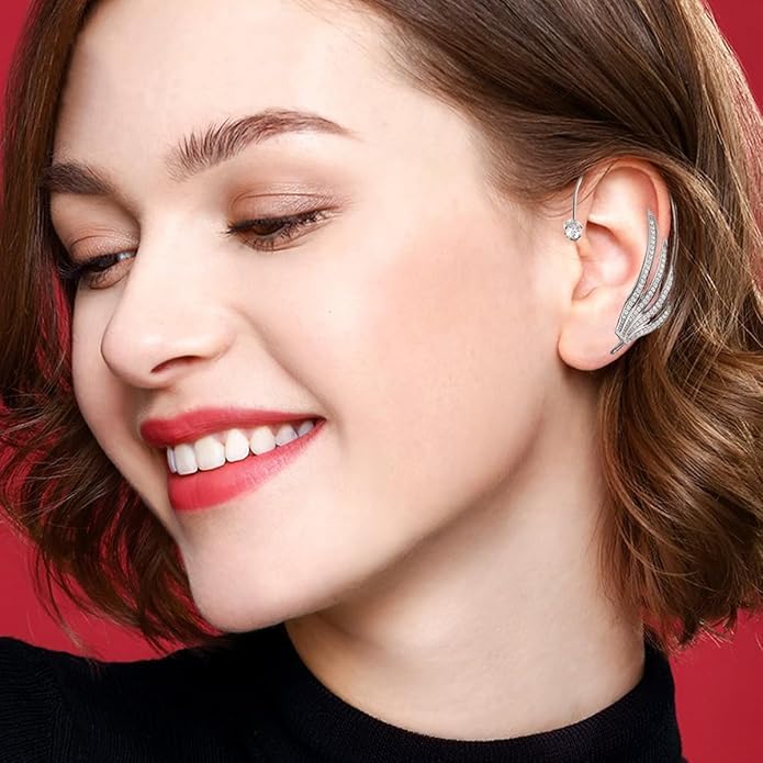 El Regalo Gorgeous Inlaid Rhinestone Angel Wings Cuff Earrings - No Piercing Ear Bone Clip for Women - Sparkling Crystal Angel Wing Ear Wrap, Non-Pierced Cartilage Climber Jewelry