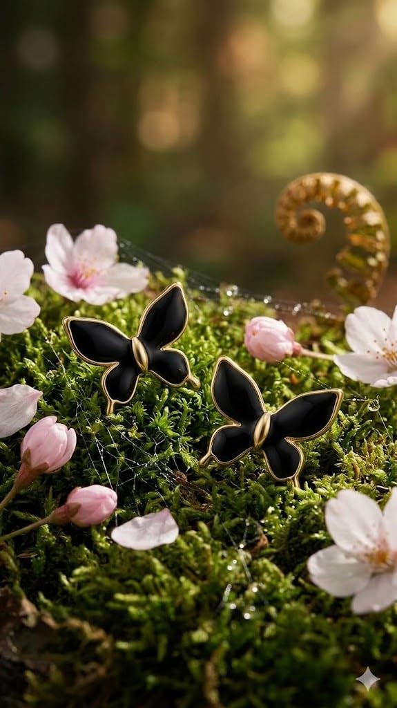 El Regalo Luxurious Oil Drip Stainless Steel Butterfly Stud Earrings for Women & Girls - Minimalist 18K Gold Plated Aesthetic Enamel Butterfly Jewelry for Daily, Party & Gifting (Black)