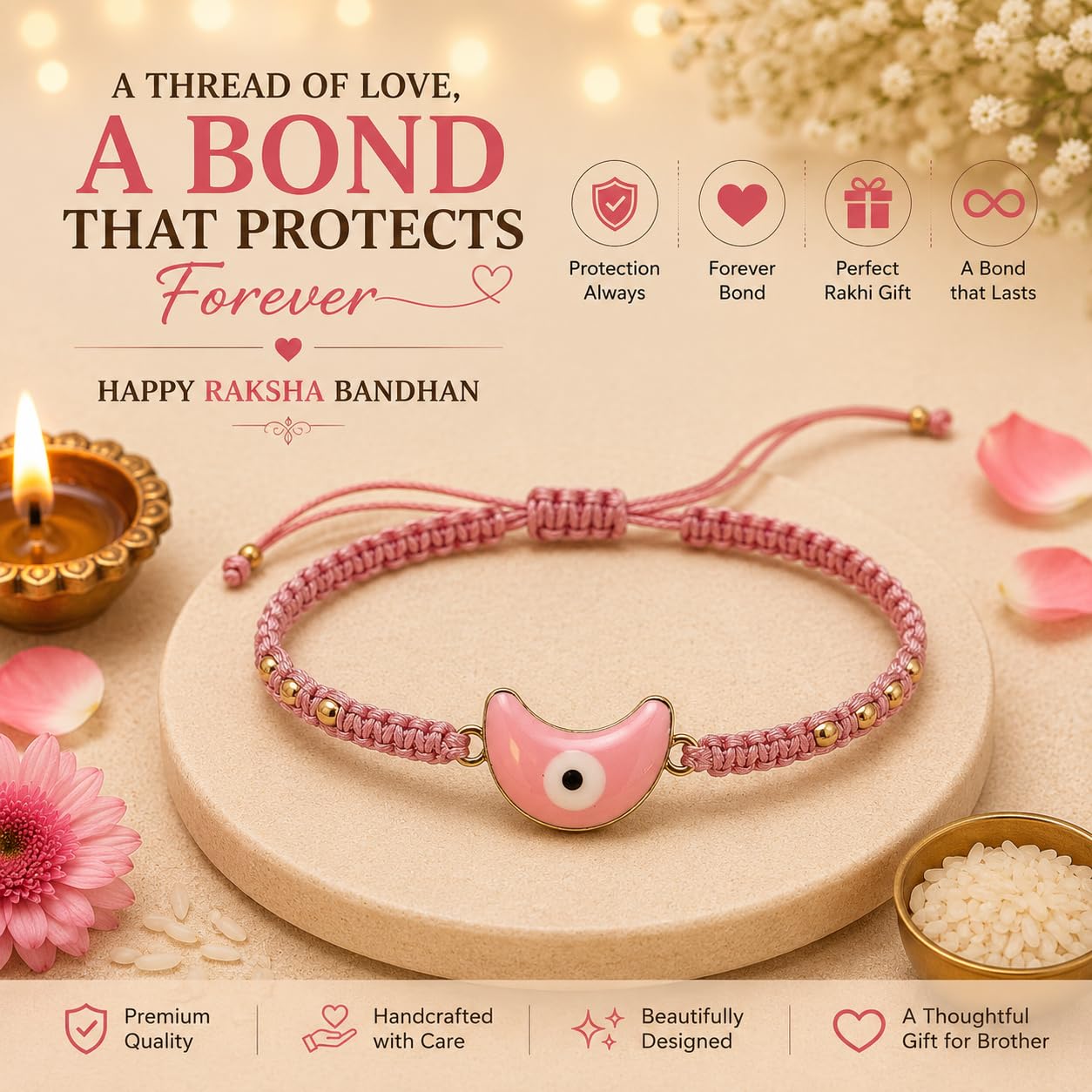 El Regalo Evil Eye Bracelet Rakhi for Brother with Roli Chawal in Gift Box (Moon Evil Eye-Pink)