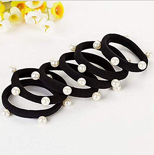 El Regalo Imitation Pearls Elastic Rubber Band Ties Ponytail Holder Scrunchy (Combo Set of 6) | Fancy Rubber Bands for Girls & Women | Fancy Rubber Bands for Hairs (Black)