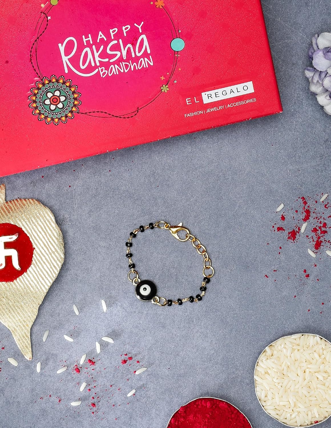 El Regalo Cute Evil Eye Nazaria Bracelet Rakhi for Babies/Kids with Roli Chawal, Rakhi Message card in Rakhi Gift Box- Baby Nazaria Rakhi (Black Evil Eye Nazaria Rakhi)