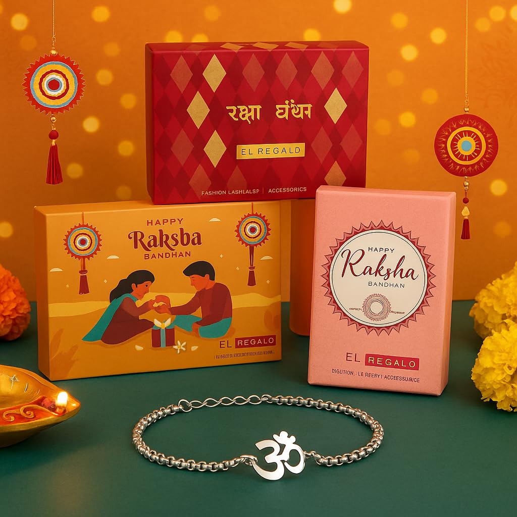 El Regalo 1 PC Stainless Steel Anti Tarnish OM/Aum Rakhi for Brother - OM Chain Bracelets Rakhi with Roli Chawal, Rakhi Message Card in Rakhi Gift Box