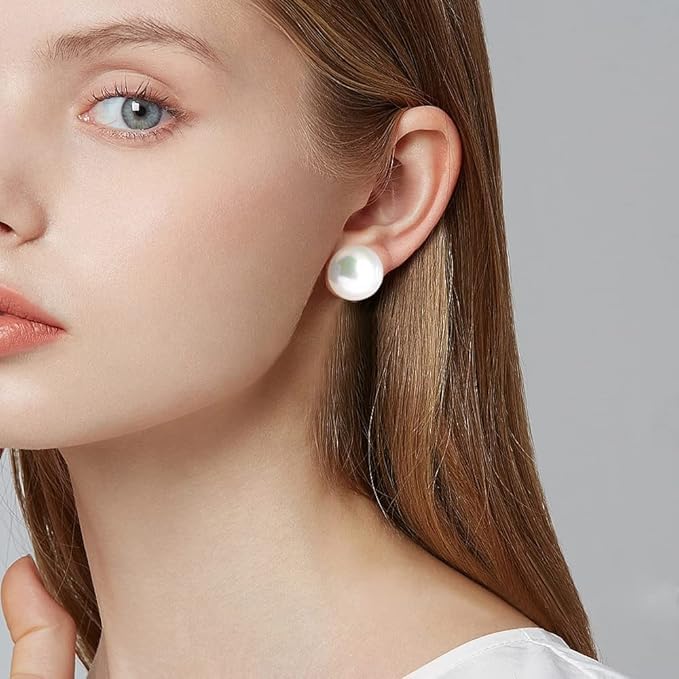 El Regalo White Large Pearl Clip on Earrings for Non Pierced Ears- 18k Gold Plated Non Piercing Cuff Fashion Earrings
