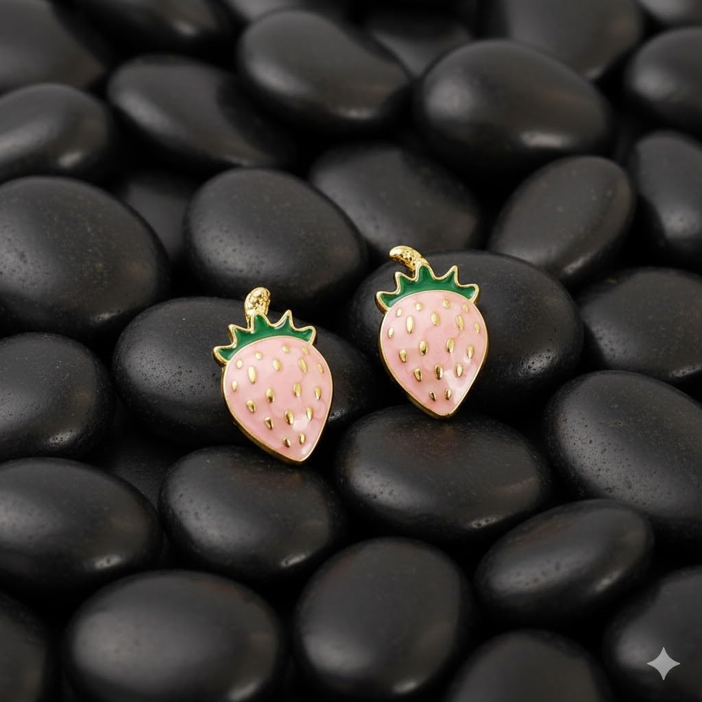 El Regalo 1Pair Stainless Steel Anti-Tarnish Pink Enamel Earrings for Girls & Women | Trendy & Cute Leaf, Bow, Ribbon, Strawberry & Butterfly Stud Earrings (Strawberry Stud)