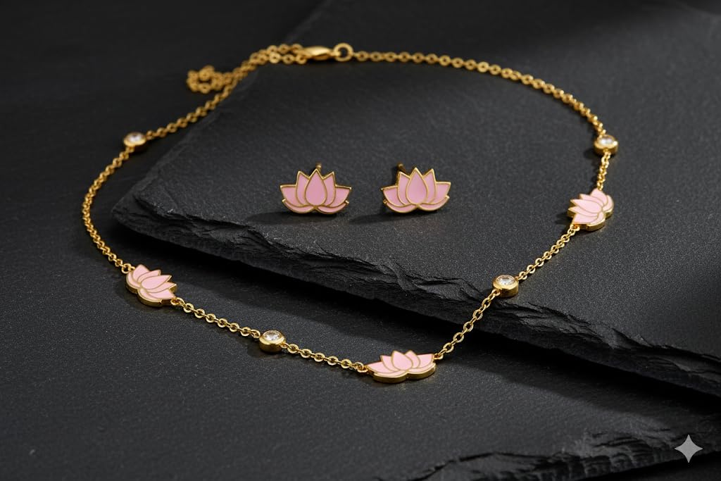 El Regalo Stainless Steel Flower Earrings & Necklace Jewelry Set for Girls & Women- Anti Tarnish/Waterproof Floral Jewelry