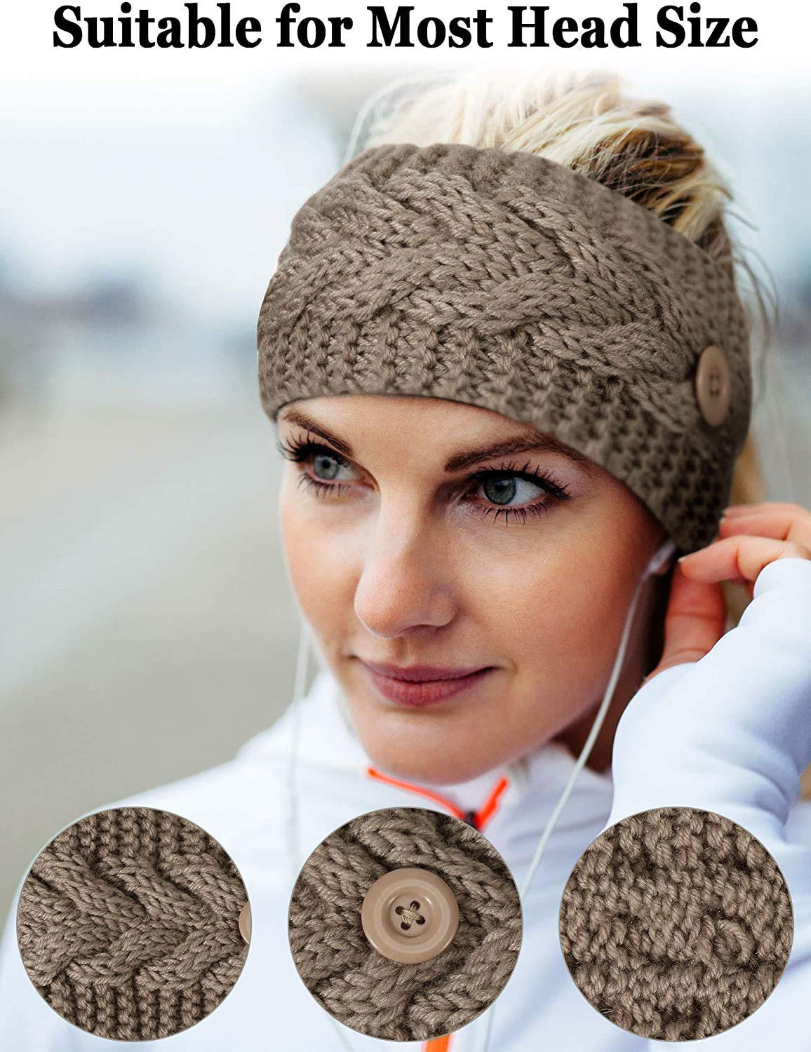 El Regalo 1 PC Unisex Knitted Winter Twist Warm Wool B lend Headband with Buttons for Face Mask Cover, Winter Designer Headbands for Unisex (Khakhi)
