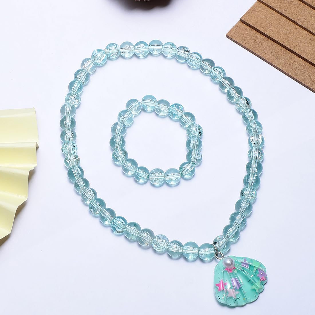 El Regalo 2 PCs Resin Shell Pendant Colorful Sparkly Crackle Beads Pendant Necklace & Bracelet Set for Kids/Girls- Christmas/Birthday Gift for Girls Kids (Ocean Blue)