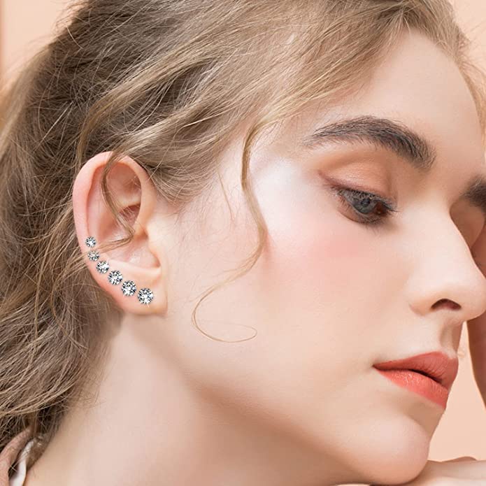 El Regalo 5 Pairs Unisex Stud Earrings Set, Hypoallergenic Cubic Zirconia 316L Earrings Stainless Steel CZ Earrings 3-8mm for Girls/Boys/Men & Women