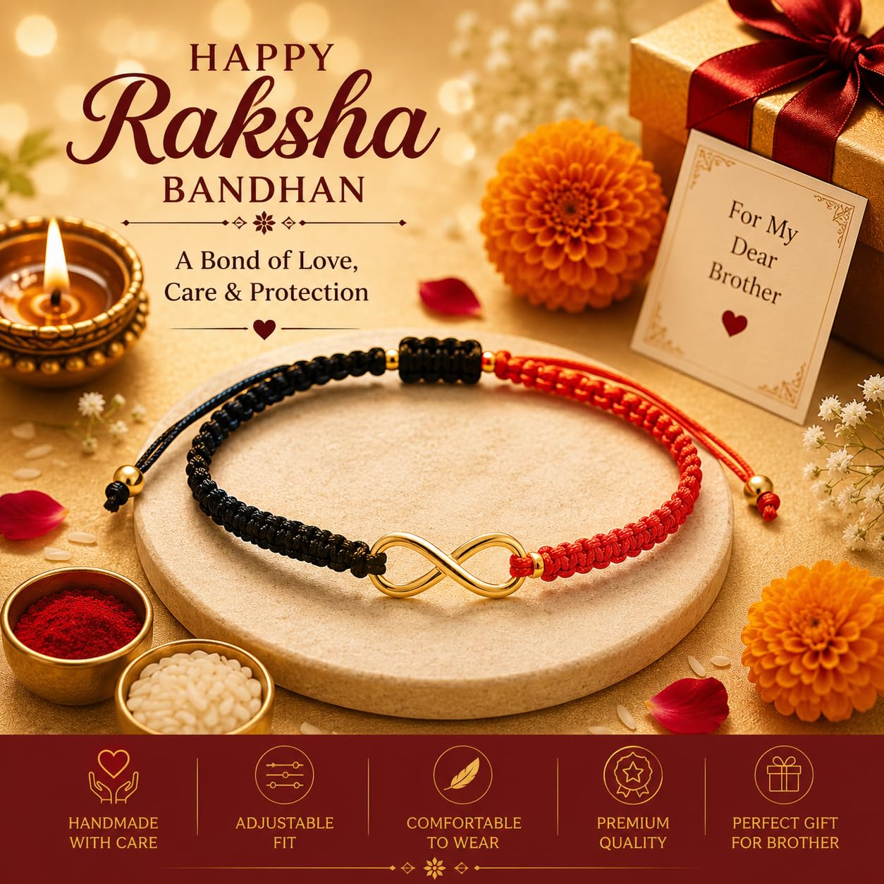 El Regalo 1PC Minimalist Infinity Rakhi for Brother- Simple Infinity Rakhi with Roli Chawal, Rakhi Message Card in Rakhi Gift box for Brother (Red & Black Shade)