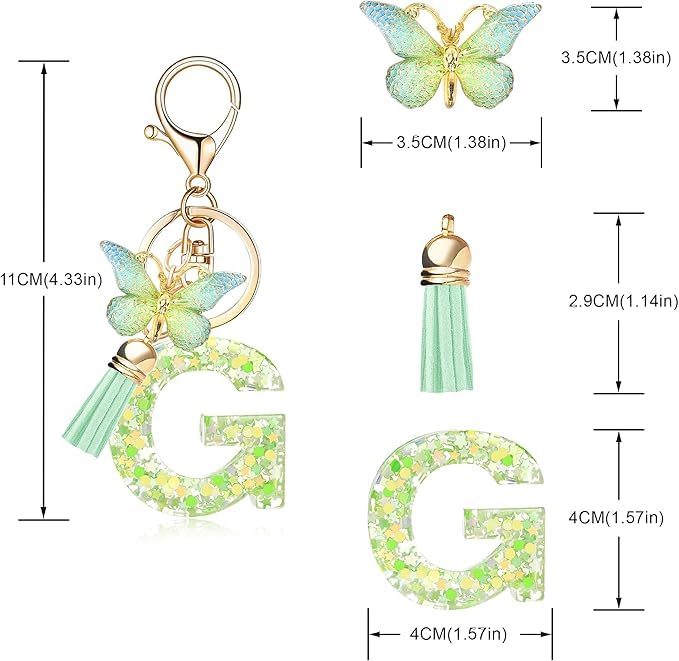 El Regalo Personalized Name Initials Butterfly Charm Keychain - Name Letters Keyring with Green Butterfly & Stars Filled Resin & Tassel Pendant, Purse, Bag, Backpack Accessory (Letter G)