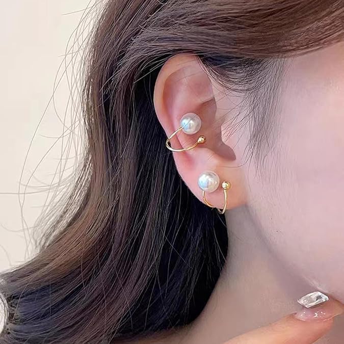 El Regalo Cute Pearl Ear Cuffs Wrap Earrings for Non Pierced Ears- Minimalist Non Piercing Cross Criss Cartilage Clip On Ear Cuffs For Women