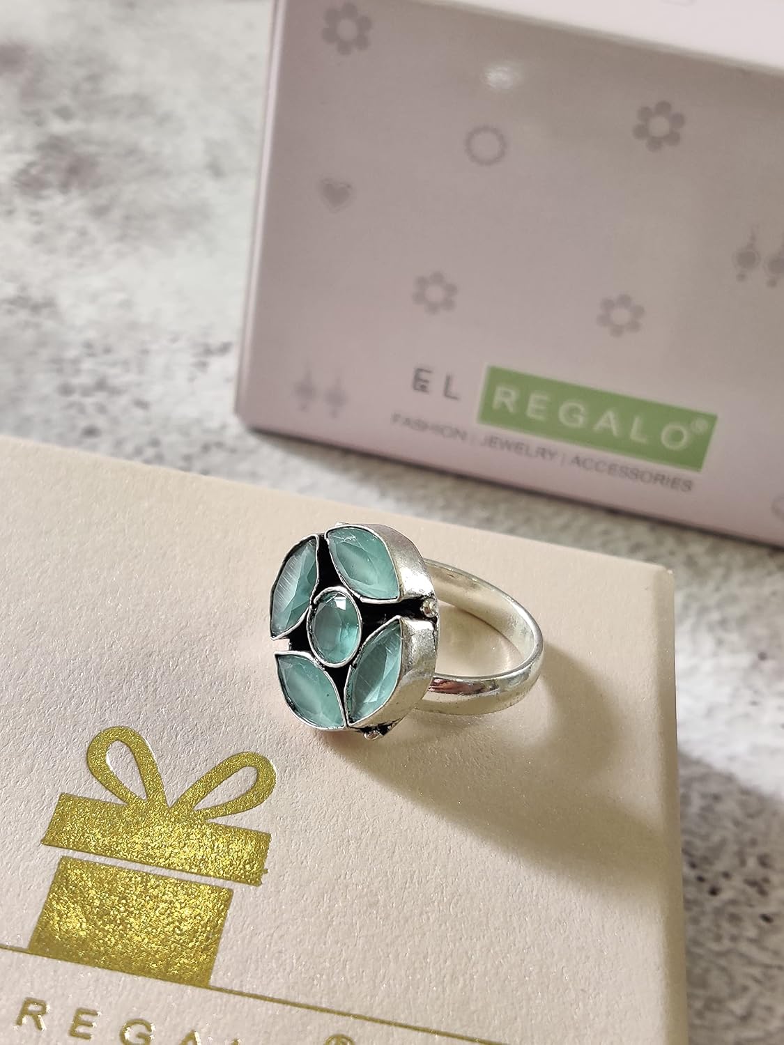 El Regalo 1 PC Finger Ring for Girls & Women- Vintage Silver Plated Stones Studded Adjustable Finger Rings (Sea Green)