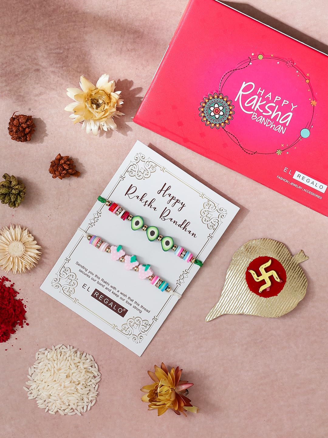 El Regalo 2PCs Cute Kids Fruits Beads Bracelet Rakhis Set for Brother/Bhai - Kids Rakhis with Roli Chawal in Gift Box - Adorable Fruit Charm Rakhis for Boys (Cute Rakhi Set-5)