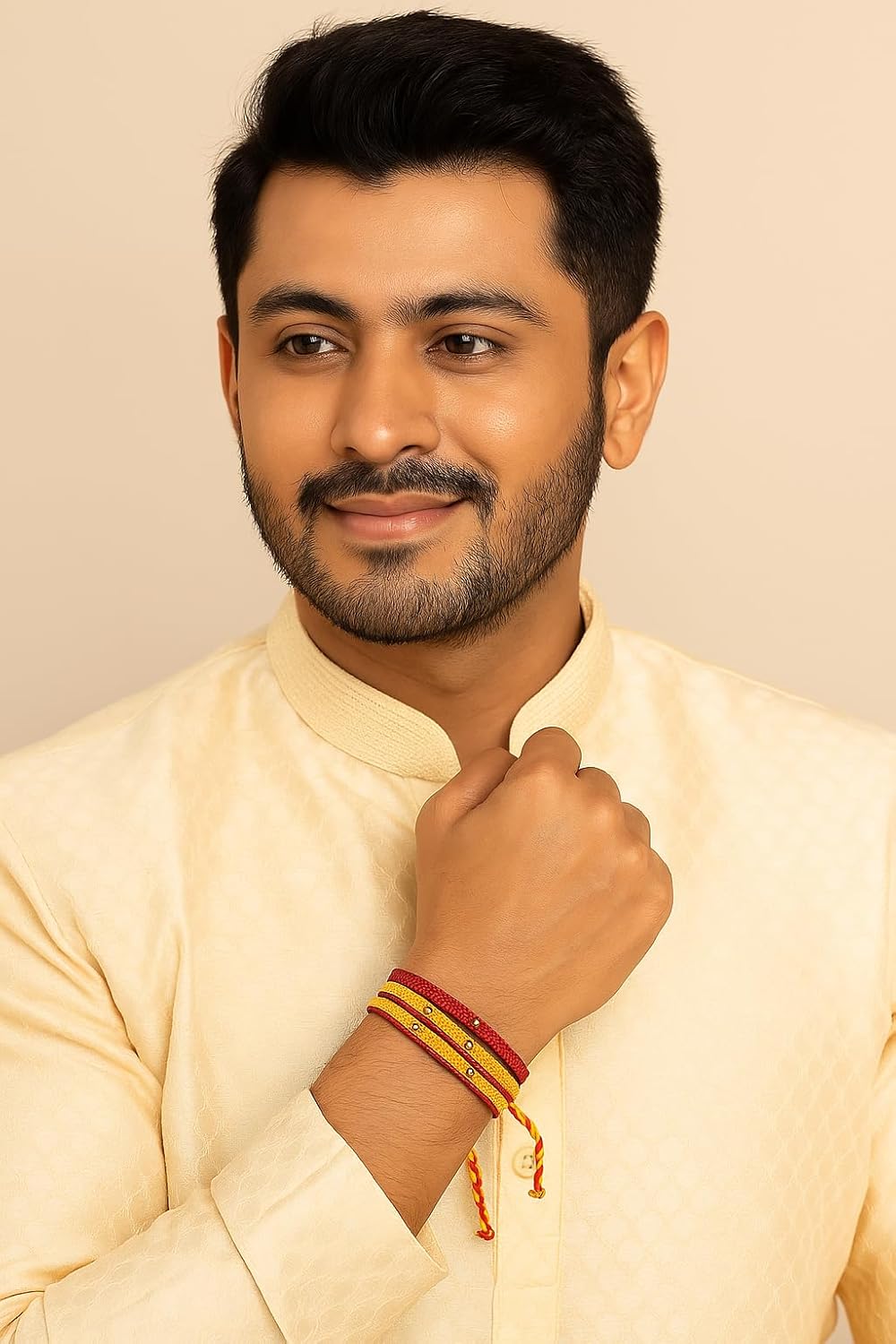 El Regalo Handmade 3-Layered Mauli Thread Rakhi for Brother with OM Charm - Traditional Bracelet with Roli Chawal, Message Card & Rakshabandhan Box (Mauli Rakhi)