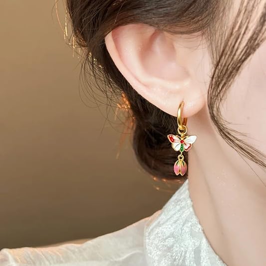 El Regalo Vintage Enamelled Floral & Butterfly Hoop Earrings for Women & Girls - Retro Colorful Tassel Drop Earrings, Gold Plated Hoops, Elegant Bohemian Fashion Jewelry Gift (Butterfly Flower Tassel)