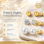 El Regalo 3 Pairs Stainless Steel Cartilage Earrings Set for Women & Men - 18K Gold Plated 6mm Small Stud Earrings Combo | Cubic Zirconia, Round Ball & Pearl Piercing Jewellery for Helix, Tragus, Lobe