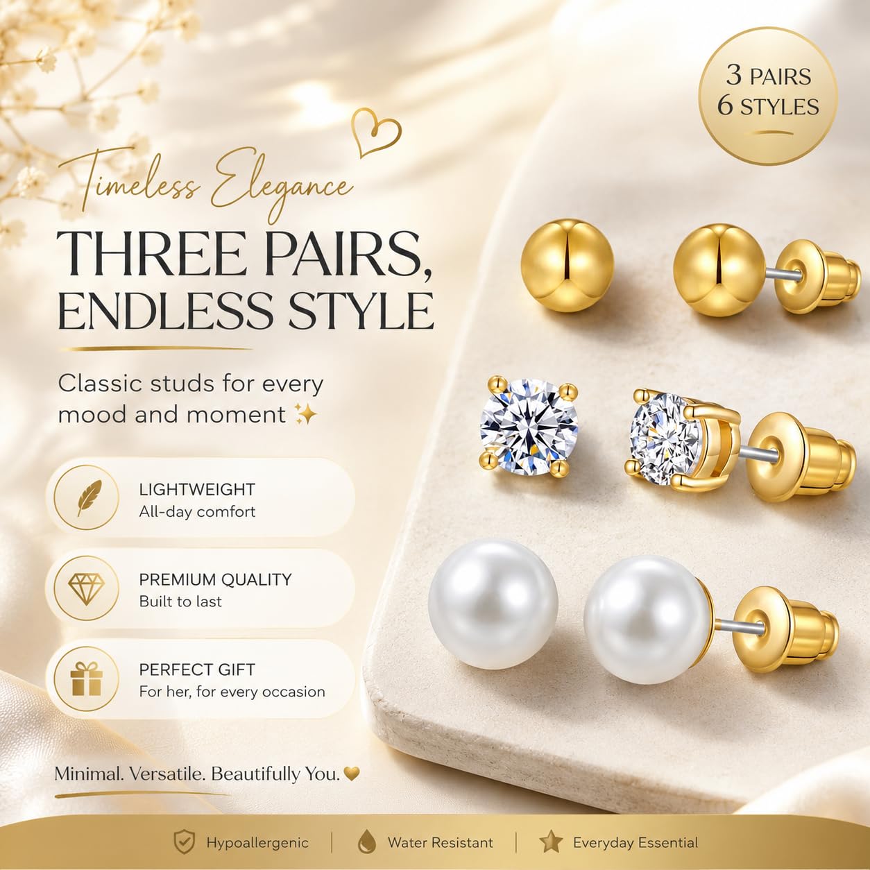 El Regalo 3 Pairs Stainless Steel Cartilage Earrings Set for Women & Men - 18K Gold Plated 6mm Small Stud Earrings Combo | Cubic Zirconia, Round Ball & Pearl Piercing Jewellery for Helix, Tragus, Lobe