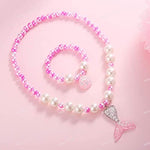 El Regalo 2 PCs Girls Kids Mermaid Princess Necklace & Bracelet Set with Colorful Mermaid Shiny Beads Bow Kids Stretchy Costume Jewelry Gift Party Favors Dress up Jewelry for Girls (Pink Mermaid Set)
