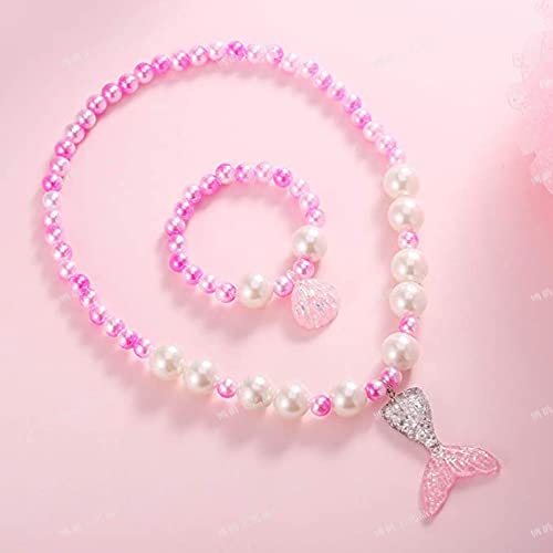 El Regalo 2 PCs Girls Kids Mermaid Princess Necklace & Bracelet Set with Colorful Mermaid Shiny Beads Bow Kids Stretchy Costume Jewelry Gift Party Favors Dress up Jewelry for Girls (Pink Mermaid Set)