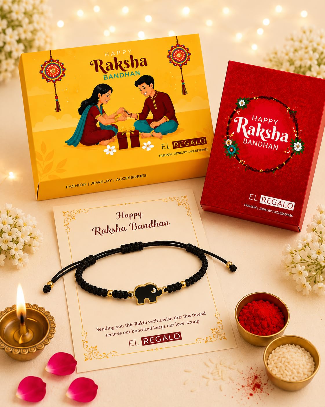 El Regalo 1PC Elephant Evil Eye Rakhi for Brother with & Message Card in Gift Box (Black Elephant Black Rakhi)