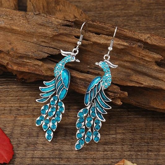 El Regalo Vintage Ethnic Peacock Earrings for Women- Elegant Oil Drop Rhinestone Dangle Earring Party Jewelry (Blue)
