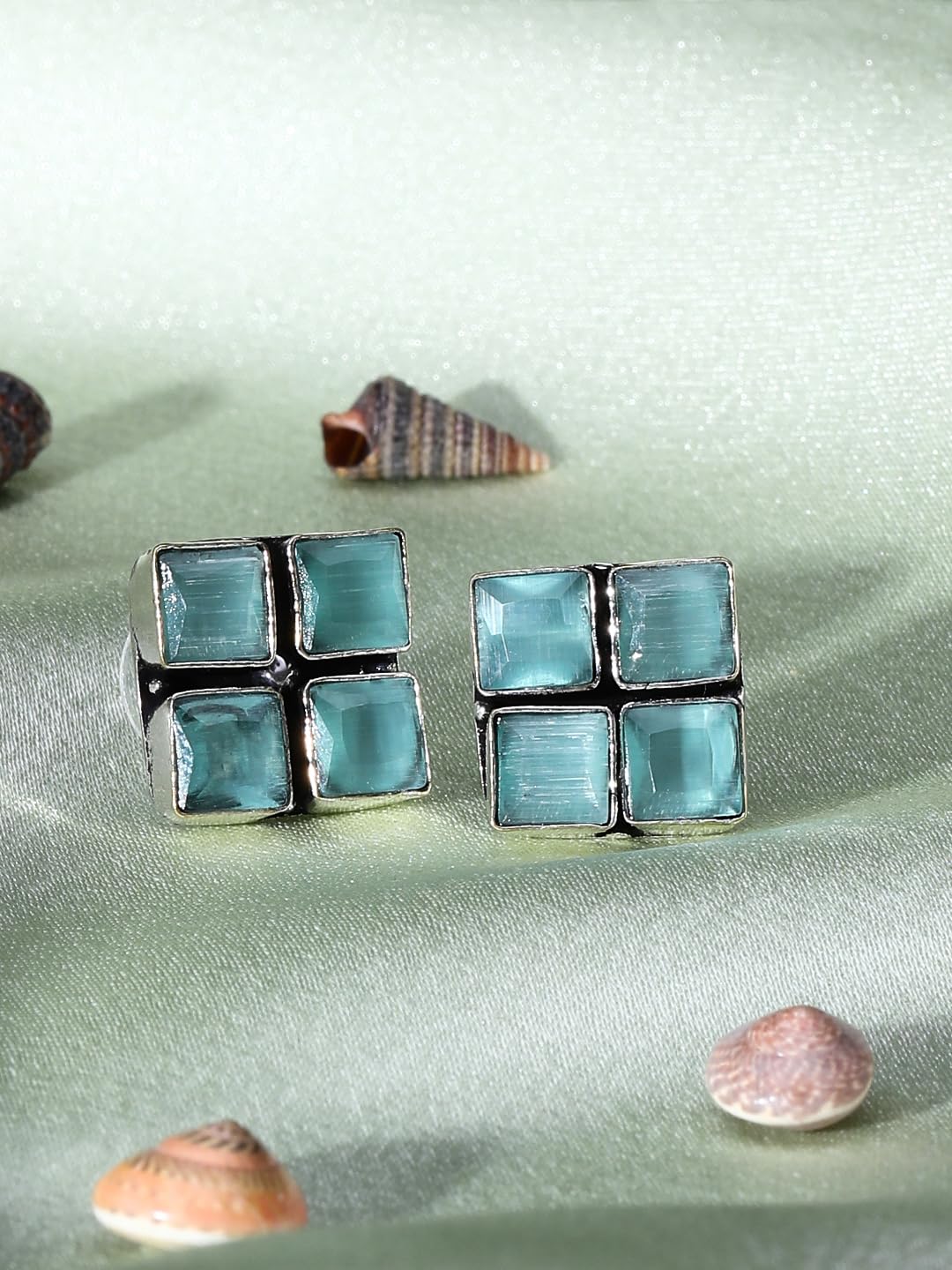 El Regalo 925 Silver Plated Oxidized Stud Earrings with Monalisha Stones - Square Bohemian Stud Earrings for Women - Tribal Antique Replica Earrings (Bottle Green)