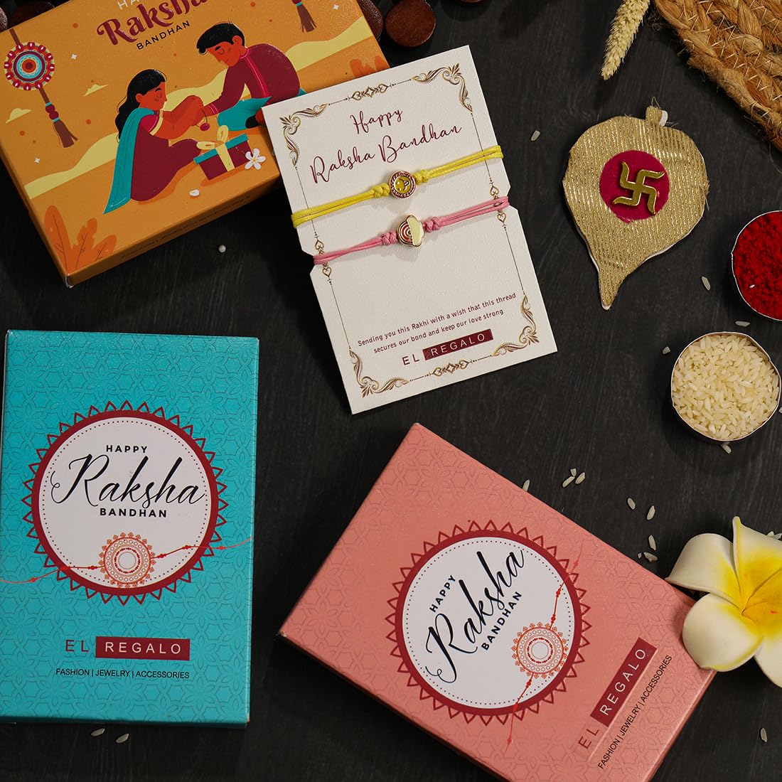 El Regalo 2PCs Cute Kids Bracelet Rakhi Combo Sets- Fancy Kids Rakhi for Brother/Sister with Roli Chwal, Rakhi Message Card in Rakhi Box for Babies/Toddlers/Kids (Rainbow & Smiley Rakhi)