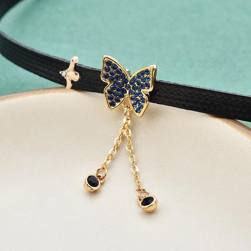 El Regalo Western Cubic Zirconia Butterfly Tassel Choker Necklace for Girls/Women- Black Faux Leather Collar Necklace with Butterfly