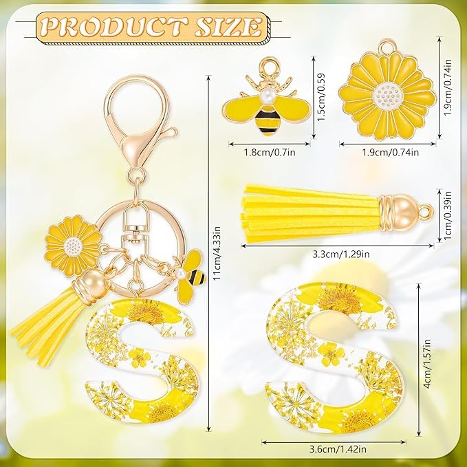 El Regalo Personalized Name Initials Natural Flowers & Bee Charm Keychain - Custom Letter Keyring with Daisy Flower & Honey Bee Pendant, Purse, Bag, Backpack Accessory (Letter S)