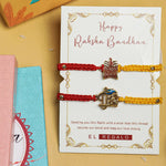 El Regalo 1PC Auspicious Thread Rakhi Brother- Red & Yellow Thread OM, Ganesha, Shree, Trident, Damroo Mauli Rakhi with Roli Chawal Shagun, Message Card in Rakhi Gift Box (Shree Rakhi)