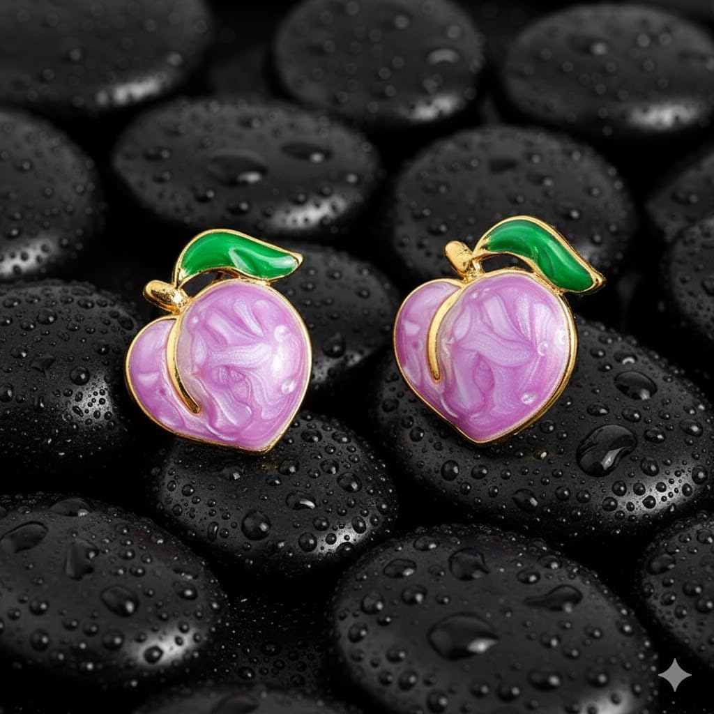 El Regalo Cute Gold Plated Stainless Steel Oil Drop Peach Stud Earrings for Girls & Women | Hypoallergenic Fruit Themed Fashion Earrings (Lavender)
