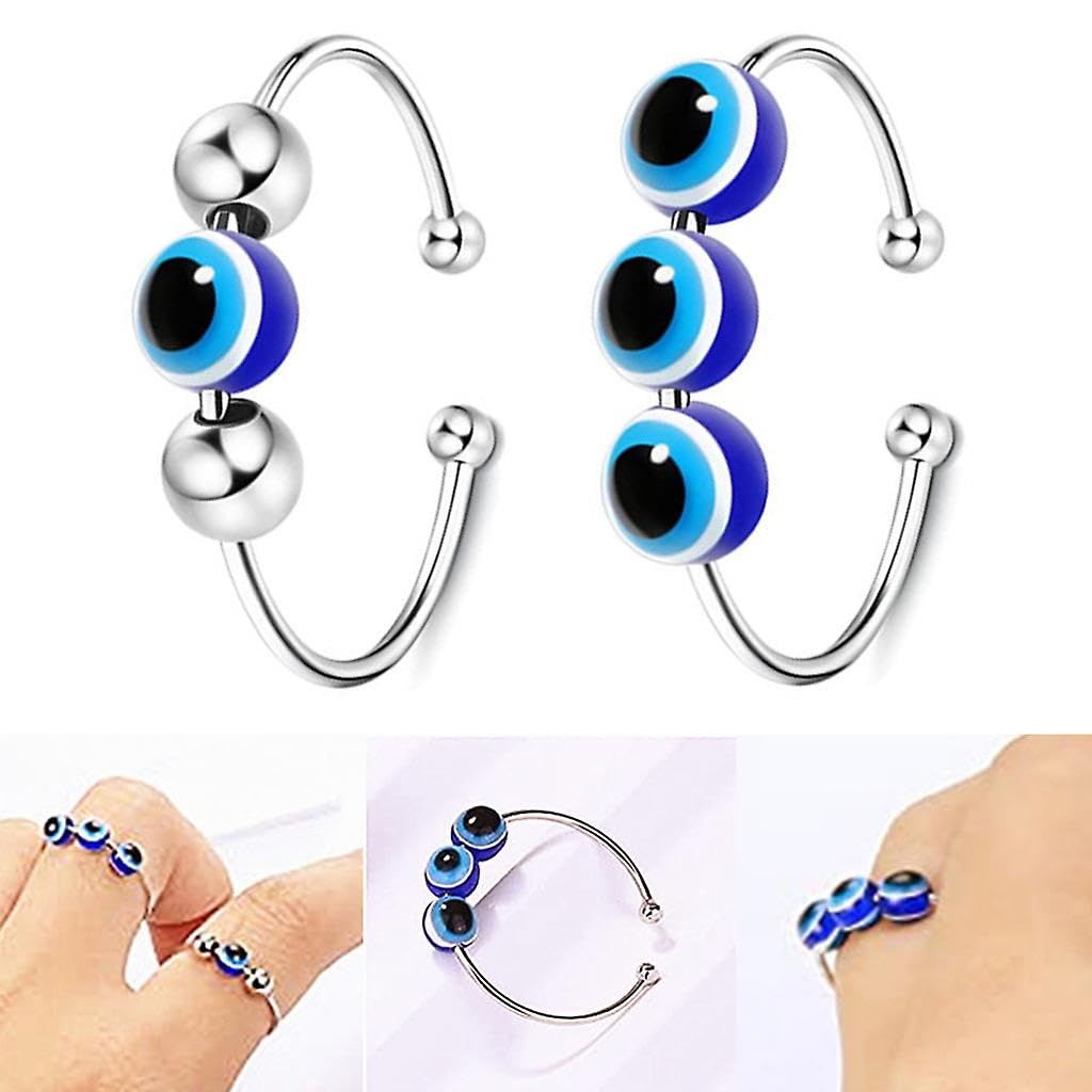El Regalo 2PCs Eye Catching Fidget Meditation Adjustable Finger Rings for Girls & Women- Retro Blue Evil Eyes Opening Adjustable Rotating Beads Rings