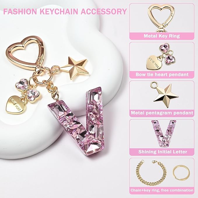 El Regalo Personalized Glitter Initial Letter Keychain for Girls & Women - Cute Pink Resin Alphabet Keyring with Heart & Star Charms - Fancy Luxury Bag Accessory & Birthday Gift (Letter V)
