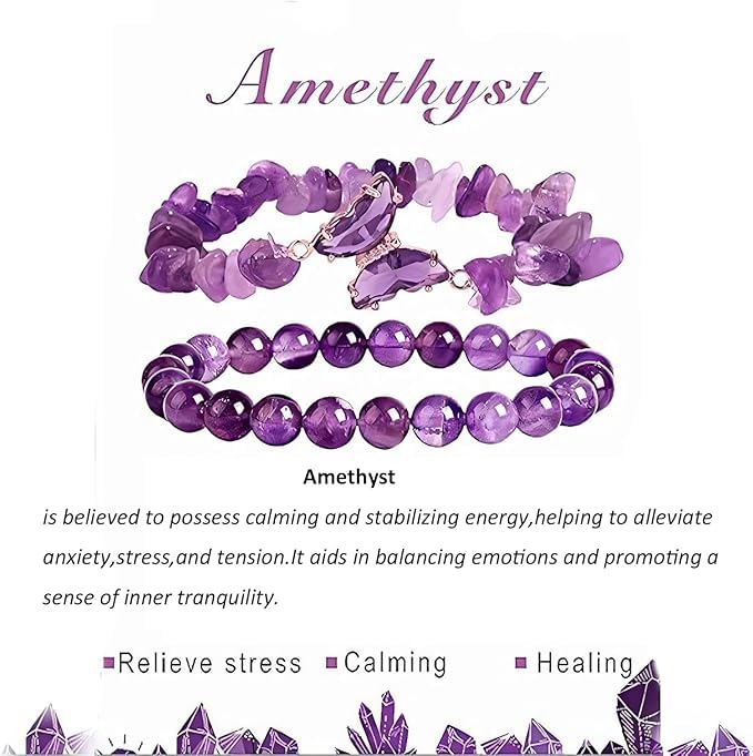 El Regalo 2PCs Natural Crystals Butterfly Bracelets Set- Real Crystals Healing Stones Bracelet Combo for Women (Purple Amethyst)