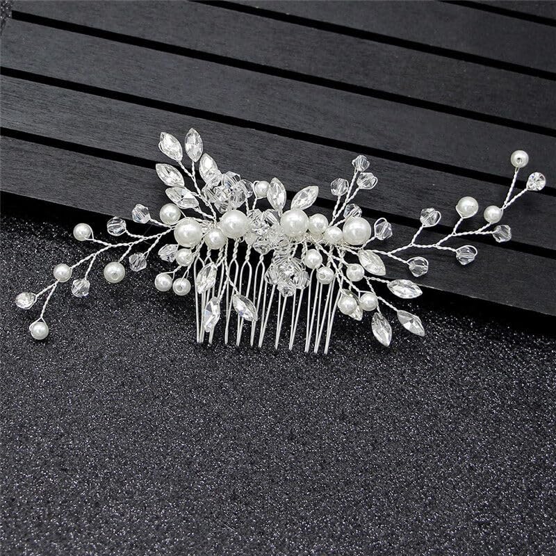 El Regalo Bridal Hair Side Comb For Women- Wedding Girls Hair Clip Leaves Pearl Rhinestone Crystal Spray Flower Hair Floral Vintage Hair Barrette Bridesmaids Headpiece