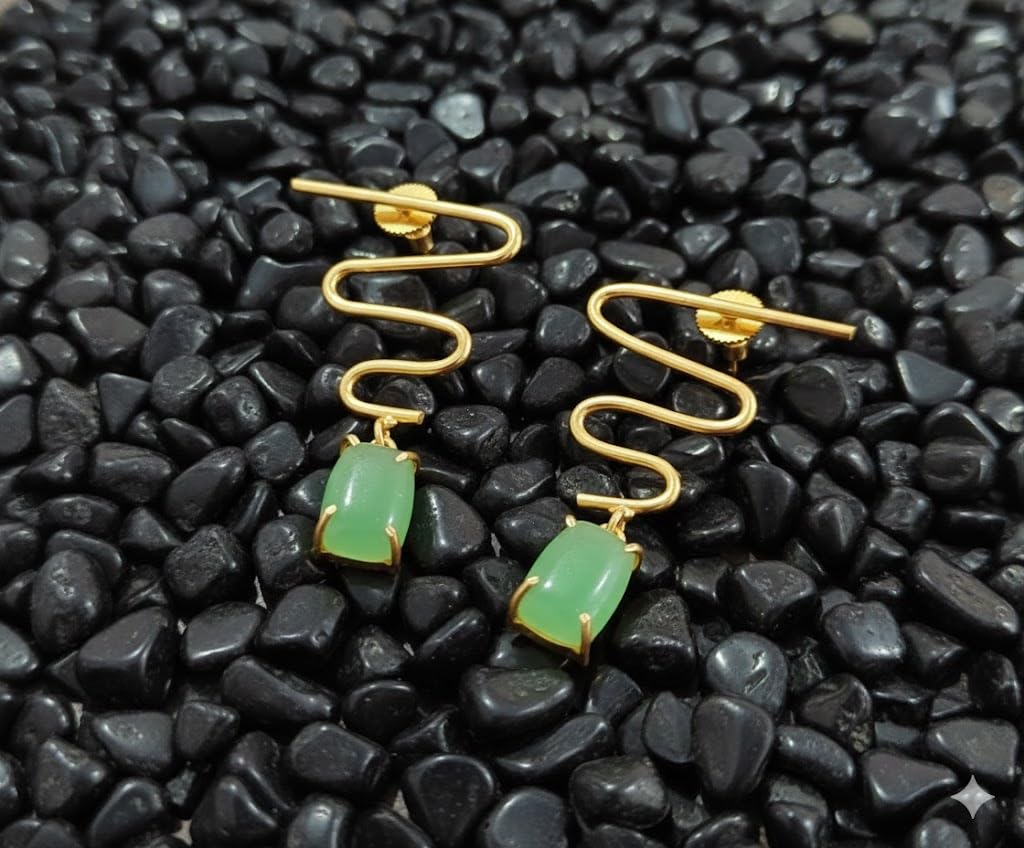 El Regalo Modern Zigzag Brass Statement Drop Earrings for Women & Girls - Contemporary Geometric Handmade Jewelry with Rectangle Stones Drops - Studs for For Western & Ethnic Wear (Jade Green)