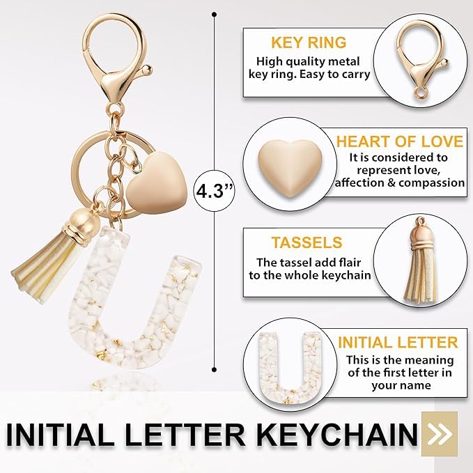 El Regalo Name Initials Letter Heart Charm Keychain - Personalized Resin Initial Keyring with Tassel, Cute & Durable Backpack Charm for Women & Girls (U Letter)