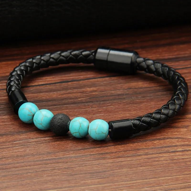 El Regalo 1PC Natural Stone Magnet Buckle Bracelet for Men/Boys, Trendy, Simple, Exclusive Men's Vintage Pu Leather Bracelet (Turquoise Blue)