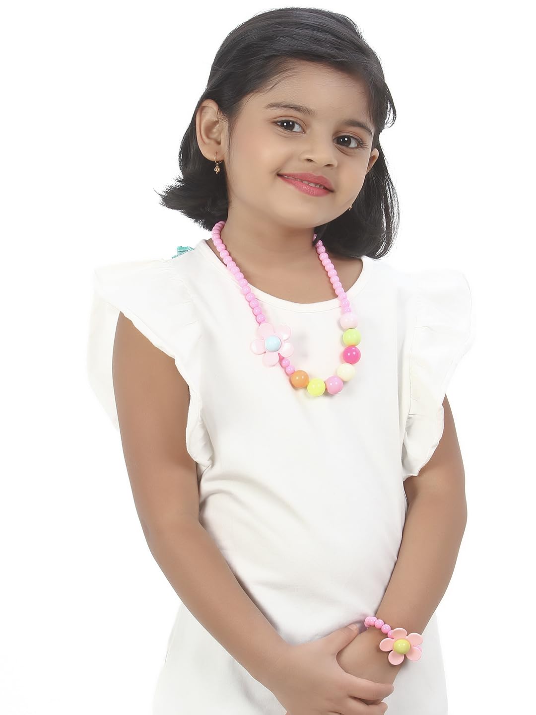 El Regalo Kids Girls Flower Necklace & Bracelet Jewelry Set- Girl Beaded Necklace Bracelet Colorful Kids Play Jewelry Princess Costume Jewelry (Pink)