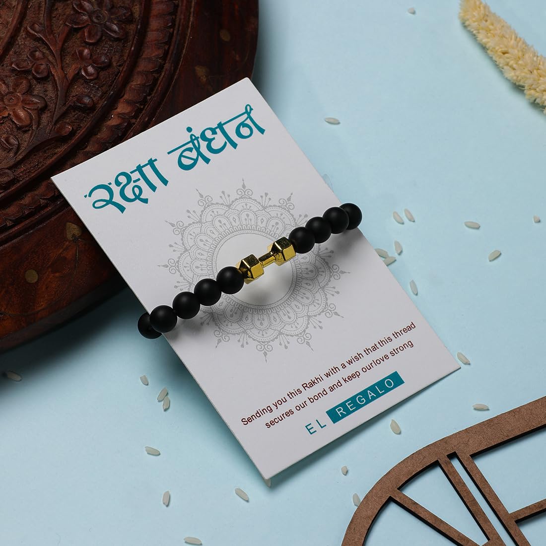 El Regalo 1pc Gymheads Dumbbell Bracelet Rakhi for Gym Lover Brother- Gym Rakhi with Roli Chawal, Rakhi Message Card in Gift Box (Gold)