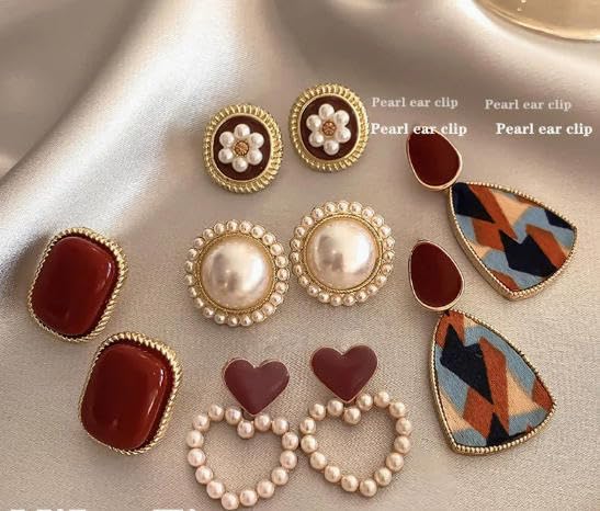 El Regalo 5 Pairs Vintage Korean Style Earring Combo for Women & Girls | Modern Pearl Studs, Geometric Resin Drops & Heart Clip-ons | Gold-Plated Aesthetic Jewelry Set | Ideal for Western & Indo-Western Outfits