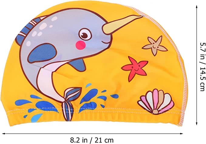 El Regalo 2 PCs Swim Cap Kids/Toddlers, Comfortable Breathable Polyester Fabric Swimming Caps Cute Cartoon Dolphin, Shark, Owl, Mermaid Fairy, Unicorn, Giraffe Swim Caps (Yellow Dolphin & Car)