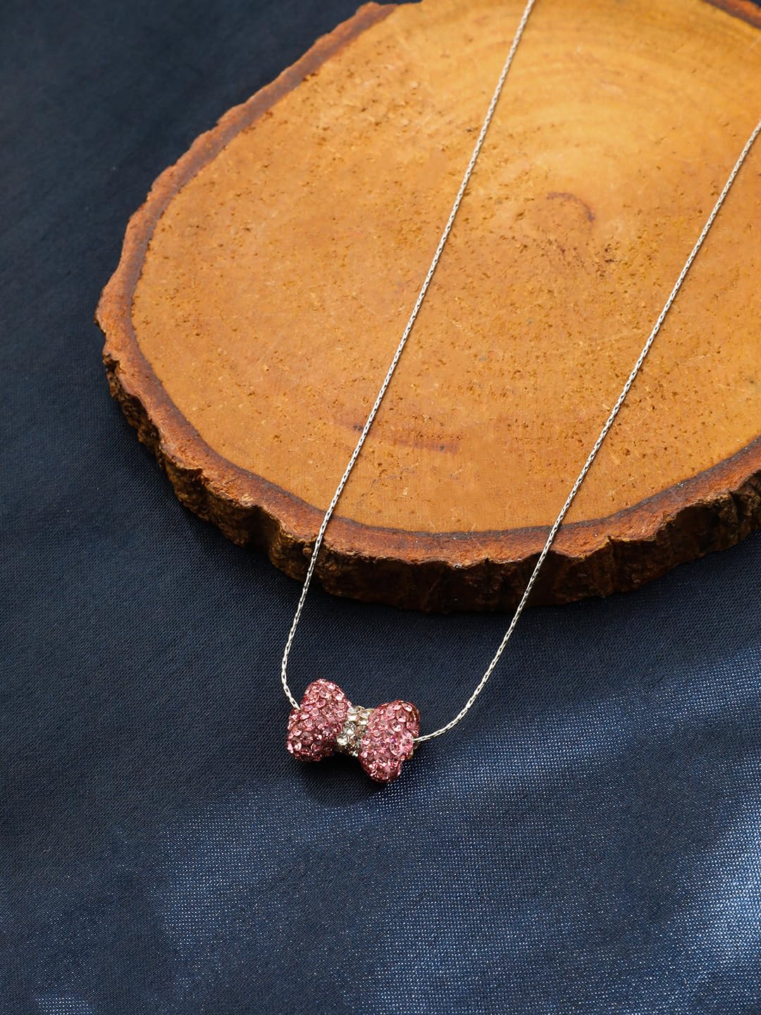 El Regalo Elegant & Cute Pink Bow Pendant Stainless Steel Chain Necklace for Girls/Women - Dazzling Cubic Zirconia Bow Necklace