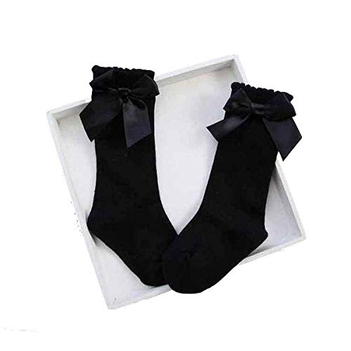 El Regalo Baby Girls Knee High Socks with Bows | Princess Long Booties Vertical Striped Cotton Leg Warmer (2-4 Years) (Black)
